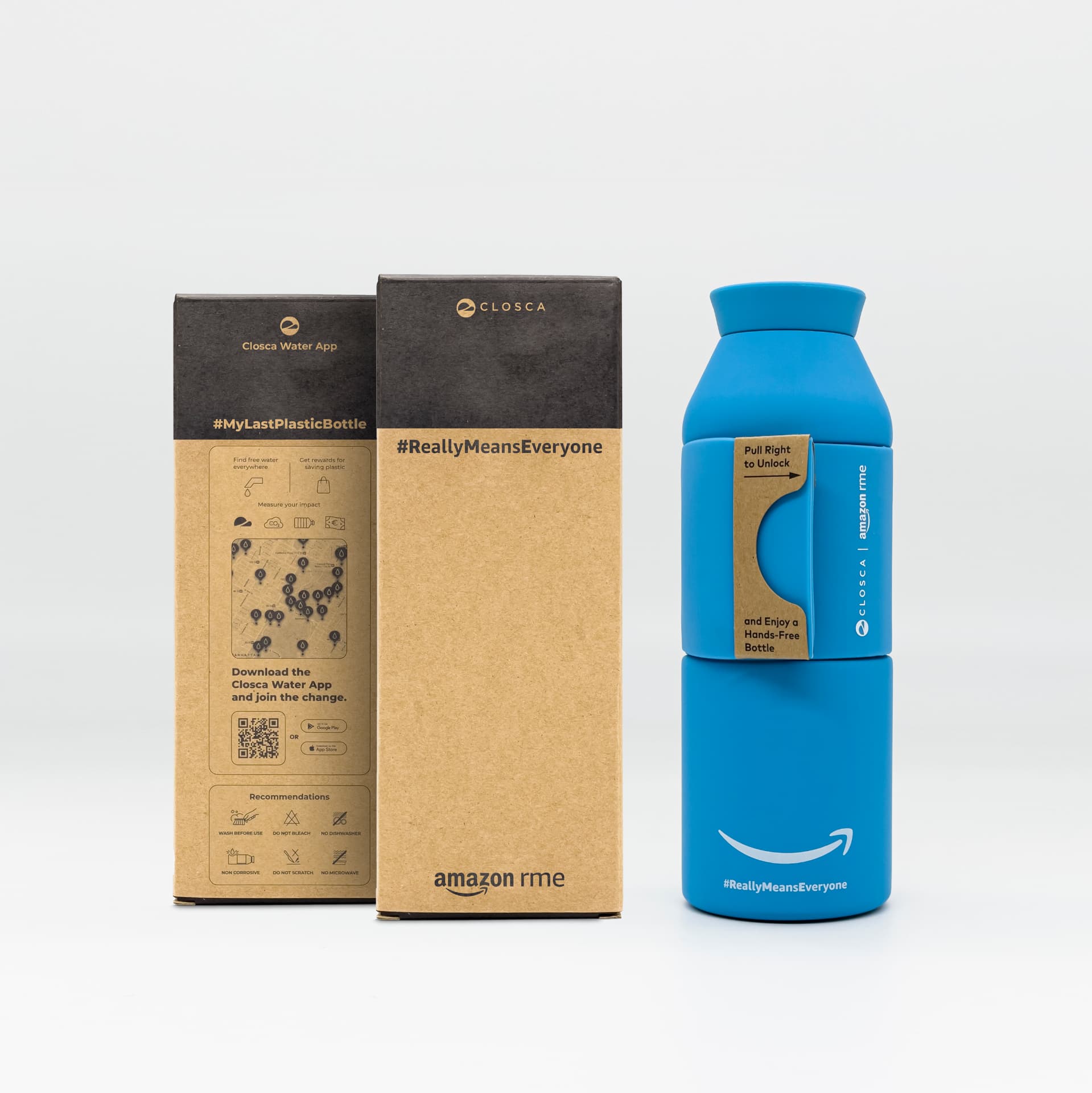 Blue Closca bottle and branded packaging created for Amazon